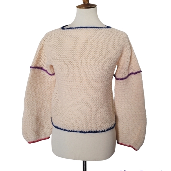 Vintage 70's Handmade Cream Knit Cropped Balloon Sleeve Sweater Multi-color Trim - Picture 1 of 5